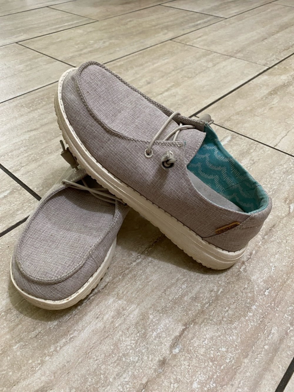 Hey Dude Linen-Style Slip-On Loafers in Light Gray with Teal Lining